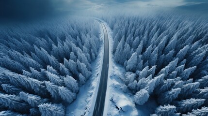 Route sinueuse vu par un drone aérienne dans la forêt canadienne en hiver - obrazy, fototapety, plakaty