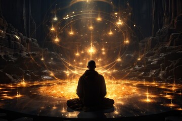 Homme spirituel en train de méditer avec élément lumineux - obrazy, fototapety, plakaty