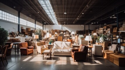 Warehouse full of furniture and appliances. - obrazy, fototapety, plakaty