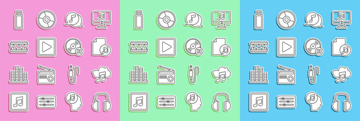 Set line Headphones, Music streaming service, book with note, Musical speech bubble, Play square, Drum, USB flash drive and Vinyl disk icon. Vector