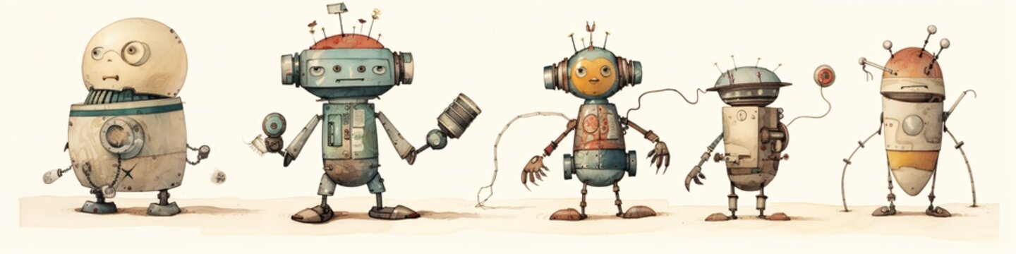 these four types of small robots depicted in the cartoon illustration, made of scraps, whimsical character drawings frottage technological design