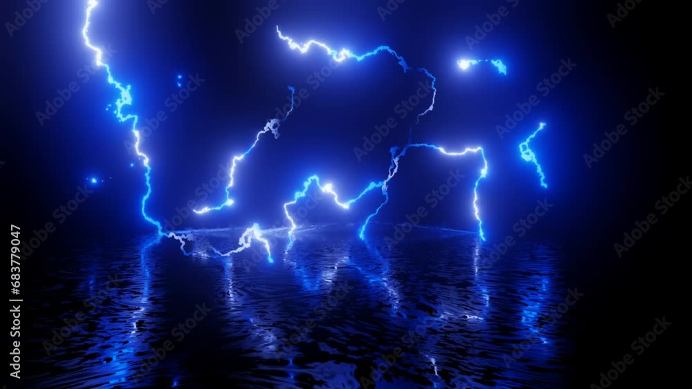 Poster neon design of blue lighting 4k video with various neon elements and a reflecting floor. looped 3d r