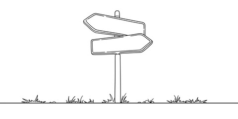 Road direction sign arrows with weed isolated on white background. Continuous one line drawing. Vector illustration for banner, web, design element, template, postcard