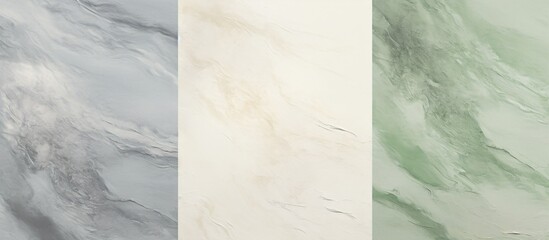 three painted wallpapers with green and neutral colors, soft brush strokes, light gray and beige, contrasting backgrounds