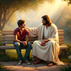 Jesus talking to teenager in the park