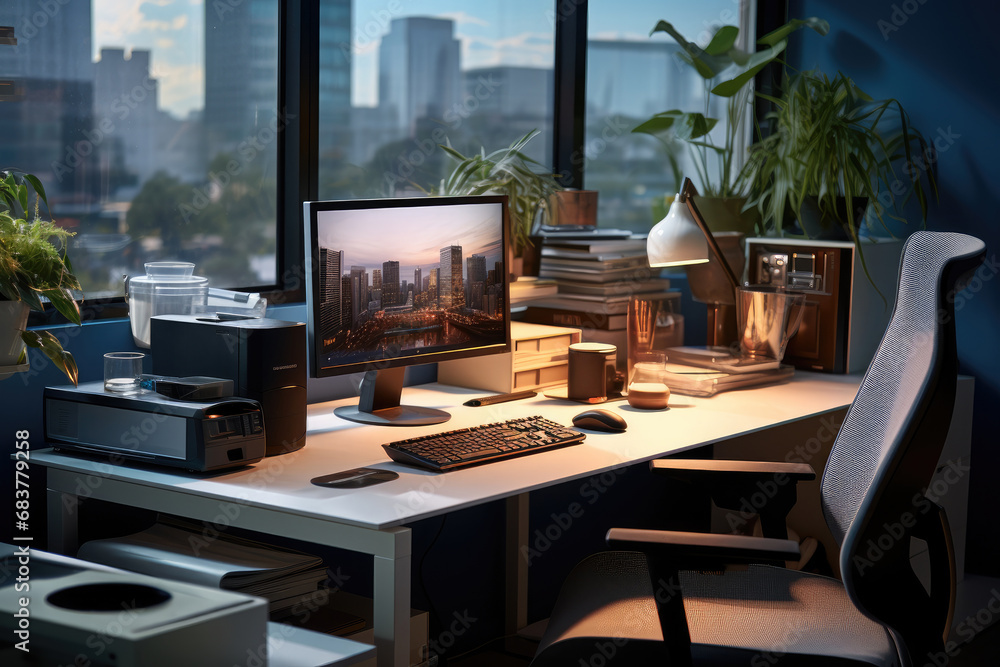 Poster Office working space with computer, Printer and office chair.