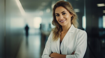 A young woman doctor smiling and standing in the hospital