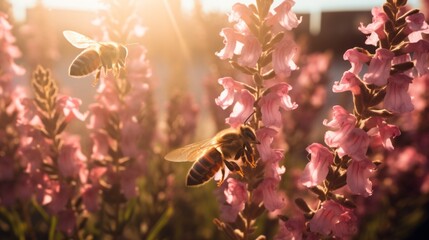 2 bees are flying on a pink flower