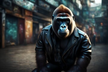 artistic view, an humanoid gorilla in leather jacket, background is blurr, 8k. 