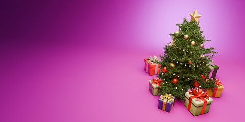 Merry Christmas and New Year greeting card. 3d illustration with pine tree and gifts. Space for text.