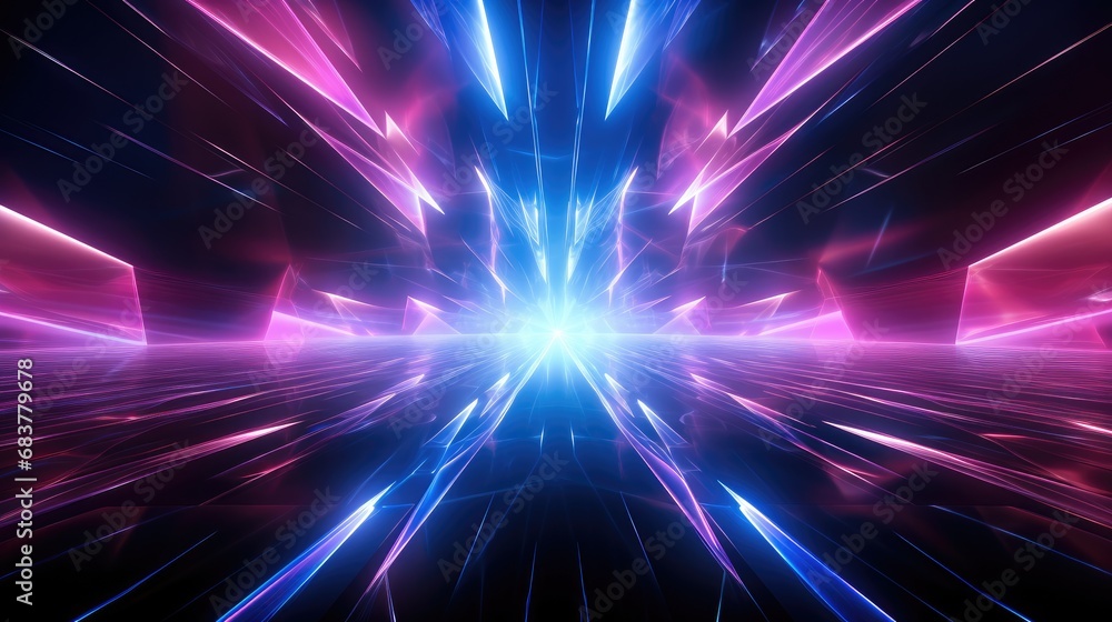Aufkleber Techno light beams with a background of lights and music in a corridor, In the style of dark azure and pink.