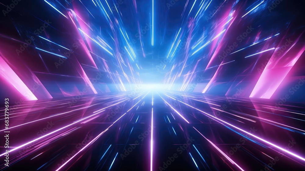 Poster techno light beams with a background of lights and music in a corridor, in the style of dark azure a