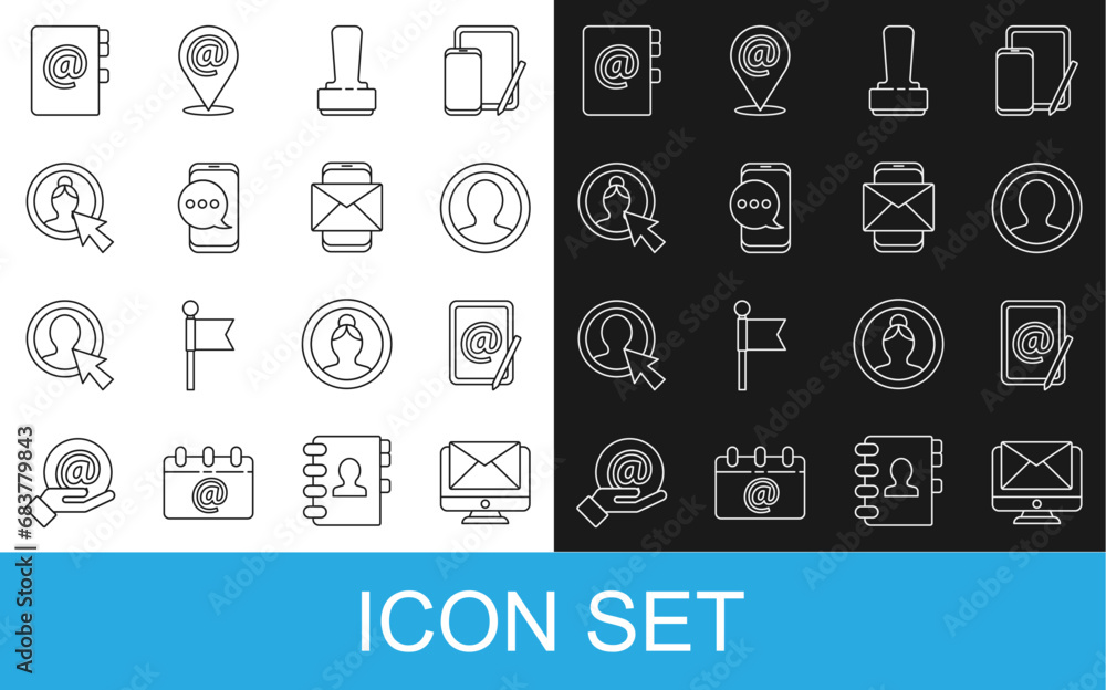 Poster set line monitor and envelope, mail e-mail, create account screen, stamp, chat messages notification