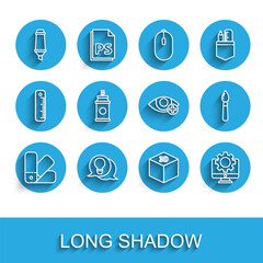 Set line Color palette guide, Light bulb with concept of idea, Marker pen, Isometric cube, Computer monitor and gear, Paint spray can, brush and Red eye effect icon. Vector