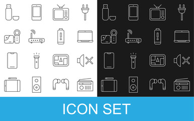 Set line Radio with antenna, Speaker mute, Laptop, Retro tv, Router and wi-fi signal, Cinema camera, USB flash drive and Battery charge level indicator icon. Vector