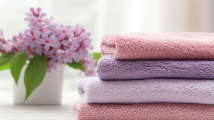 Stack of clean towels and lilac flowers on white wooden table, closeup