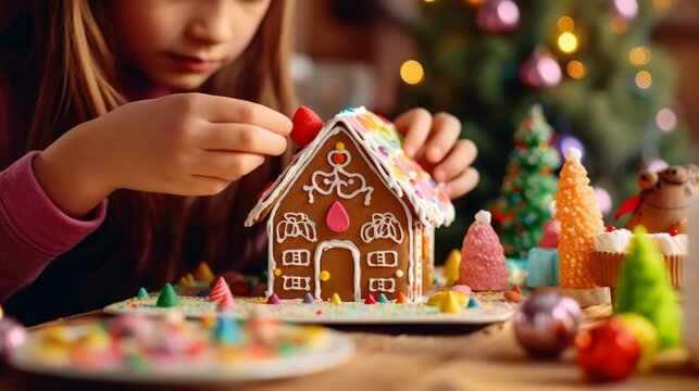 A Girl Blowing Out Candles On A Gingerbread House