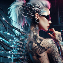 Fantastic portrait of a girl in cyberpunk style with cybernetic implants and dragon tattoos generated by artificial intelligence - 683780892