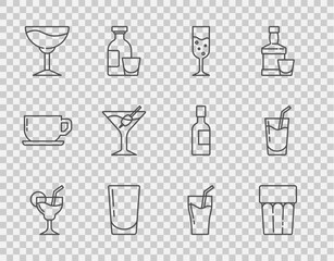 Set line Cocktail, Glass with water, of champagne, Wine glass, Martini, juice and icon. Vector