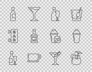 Set line Champagne bottle and glass, Cocktail, Wine with, Coffee cup, Whiskey, Martini and shaker icon. Vector