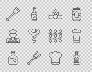 Set line Cutting board, Sauce bottle, Campfire, Barbecue fork, Spatula, Sausage on the, Chef hat and Glass of beer icon. Vector