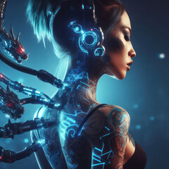 Fantastic portrait of a girl in cyberpunk style with cybernetic implants and dragon tattoos generated by artificial intelligence