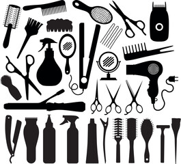 Hairdressing tools silhouettes set