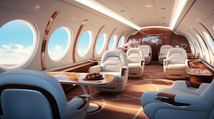 Opulent interior within a contemporary corporate aircraft. - obrazy, fototapety, plakaty