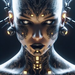 Fantastic portrait of a girl in cyberpunk style with cybernetic implants and dragon tattoos generated by artificial intelligence