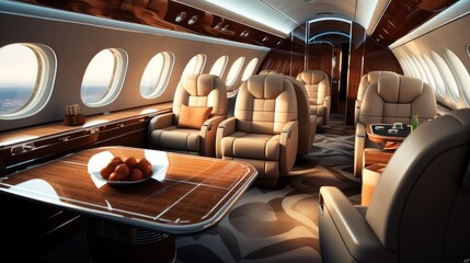 Opulent interior within a contemporary corporate aircraft.