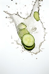 sliced zucchini submerging into the water, with a refreshing burst of splashes, on a blank white canvas. generative AI