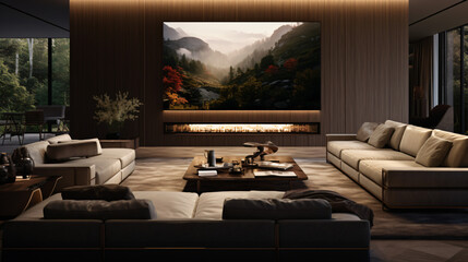 A living room with a big screen tv and couches
