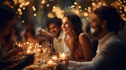 People at a table celebrating a wedding with a bokeh of lights in the background.