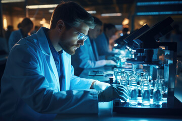 A histotechnologist preparing tissue samples for microscopic examination, focusing on the detailed preparation and lab setting.