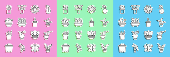 Set line Plant in pot, Spraying plant, Flower, Cactus peyote, and Sprout bottle icon. Vector