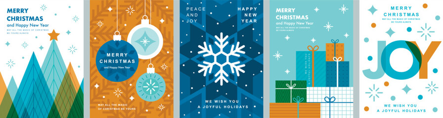 Christmas Minimalist card set - abstract Holidays flyers. Lettering with Christmas and New Year decorative elements.
