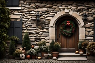 close up view of Stone fronted house with wreath on front door , hd 