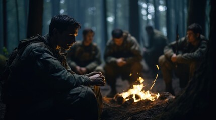 Soldiers sitting around a campfire chatting.