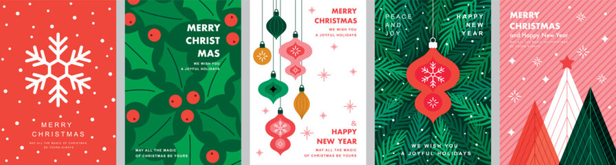 Christmas Minimalist card set - abstract Holidays flyers. Lettering with Christmas and New Year decorative elements.