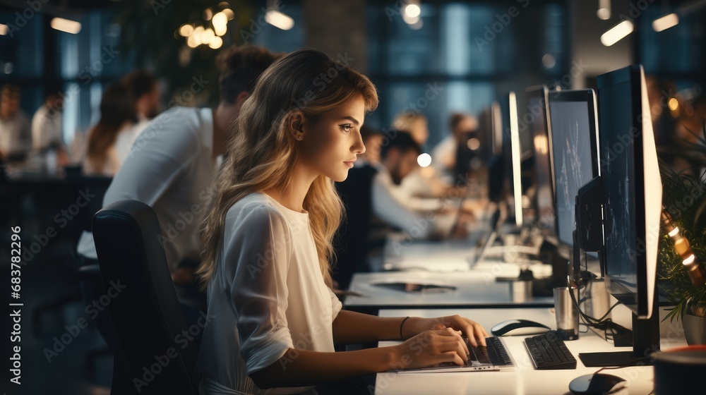 Poster Workers Working in Office Using Laptop.
