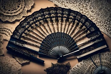 A lace fan with intricate floral patterns.  - obrazy, fototapety, plakaty