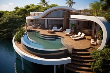 Obraz na płótnie Canvas Luxury villa, Curved wood floor deck over the pool surface, Aerial high view.