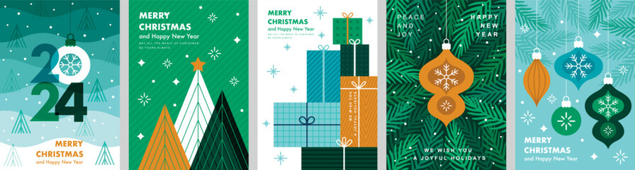Christmas Minimalist card set - abstract Holidays flyers. Lettering with Christmas and New Year decorative elements.