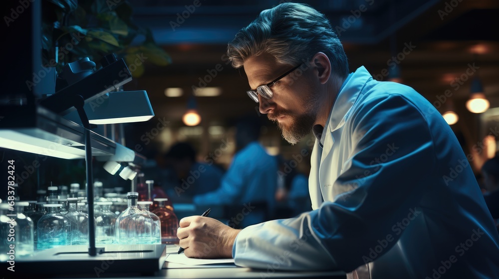 Poster man working at scientist laboratory.