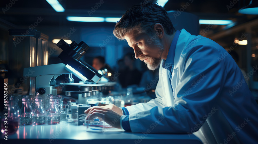 Aufkleber man working at scientist laboratory.