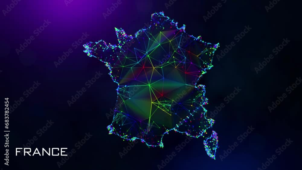 Poster futuristic sweet motion reveal france map polygonal blue purple colorful connected lines dots and fa