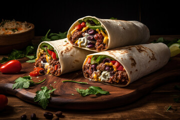 spicy burrito with beef and vegetables on a black background on a wooden plate. Beef burrito, Mexican traditional cuisine.