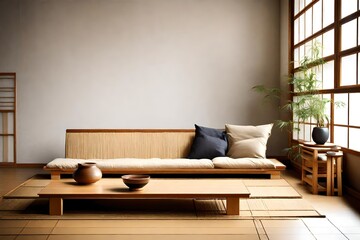 Showcase the simplicity and functionality of a Japanese Futon sofa in a traditional Japanese interior. 