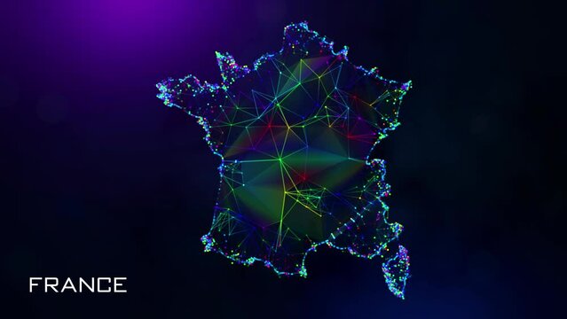 Futuristic Sweet Motion Reveal France Map Polygonal Blue Purple Colorful Connected Lines Dots And Facet Wireframe Network With Text On Hazy Flare Bokeh Background, Last 10 Seconds Seamless Loop