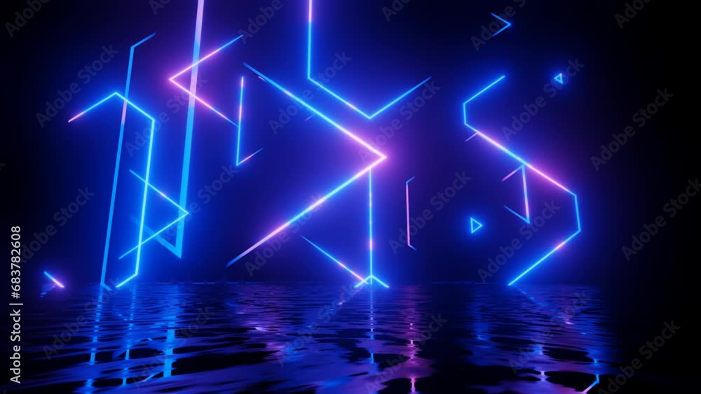 Poster neon design, blue red line pattern. 4k video with various neon elements and a reflecting floor. loop